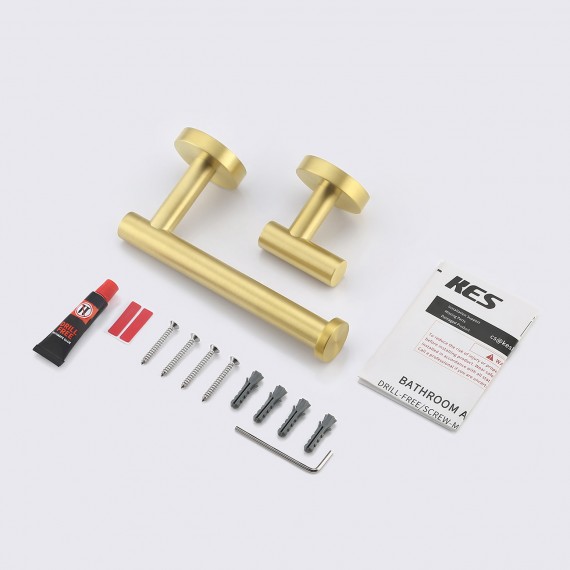 2-Pieces Bathroom Accessories Set Toilet Paper Holder and Robe Towel Hooks SUS304 Stainless Steel Round Wall Mounted Brushed Brass, LA20BZDG-21